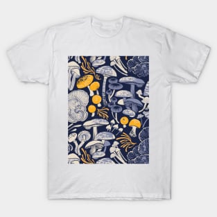 Mystical fungi // midnight blue background ivory pale blue and yellow wild mushrooms T-Shirt